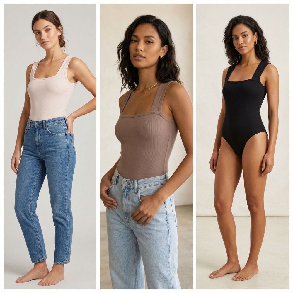 Bundle of 3 Ribbed Square-NeckBodysuits (Nude, Mocha & Black) - Size XXL B28